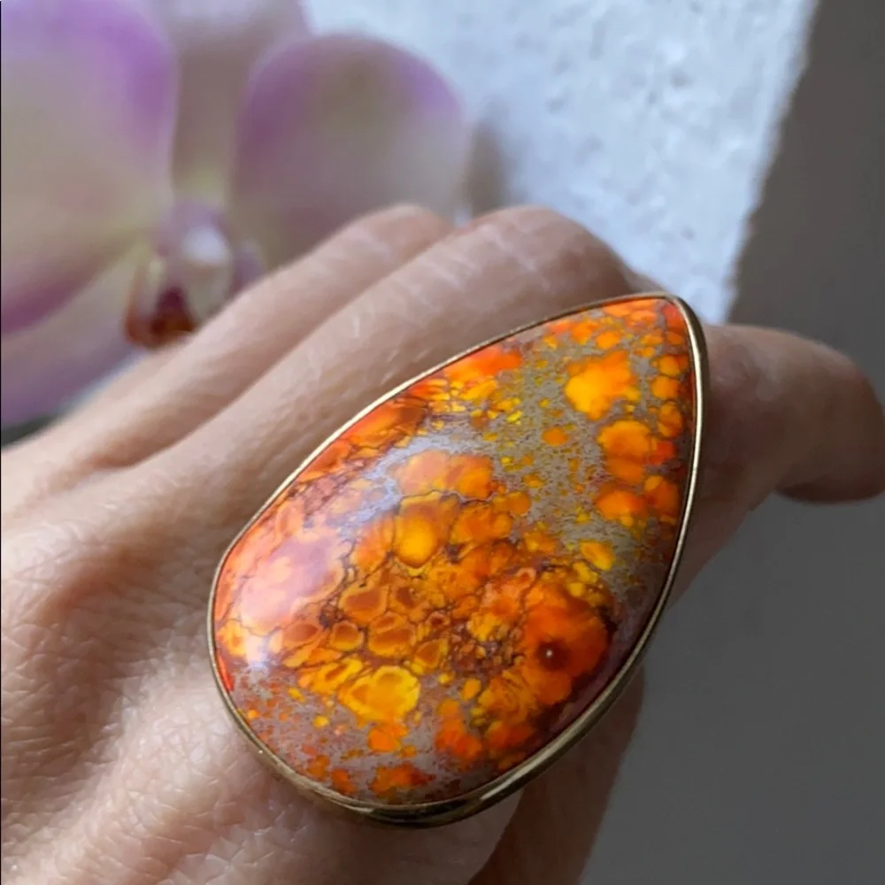 LARGE TEARDROP SHAPED BURNT ORANGE TURQUOISE RING - Picture 5 of 5